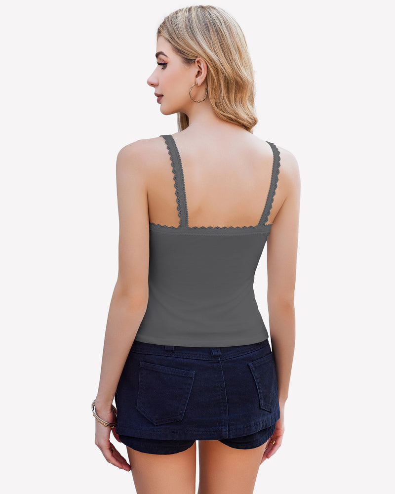 Dark grey lace tank top with scalloped racerback, low scoop back, spaghetti straps