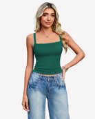 Green lace tank top with square neckline and scalloped trim