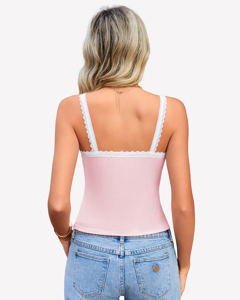 Pink lace tank top with square back and scalloped trim