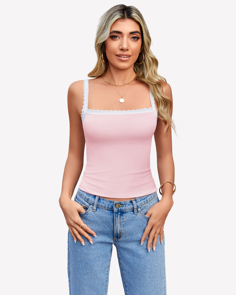 Pink lace tank top with square neckline and scalloped trim