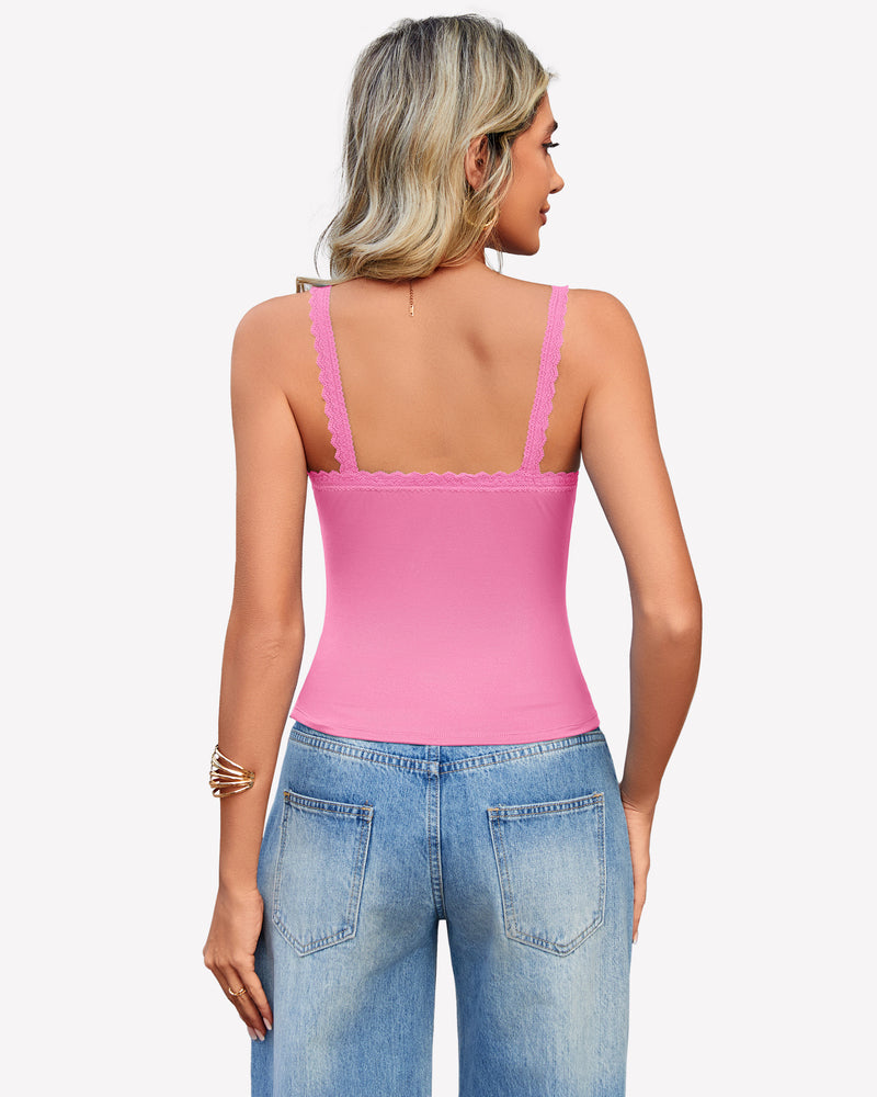 Magenta lace tank top with square back and scalloped trim
