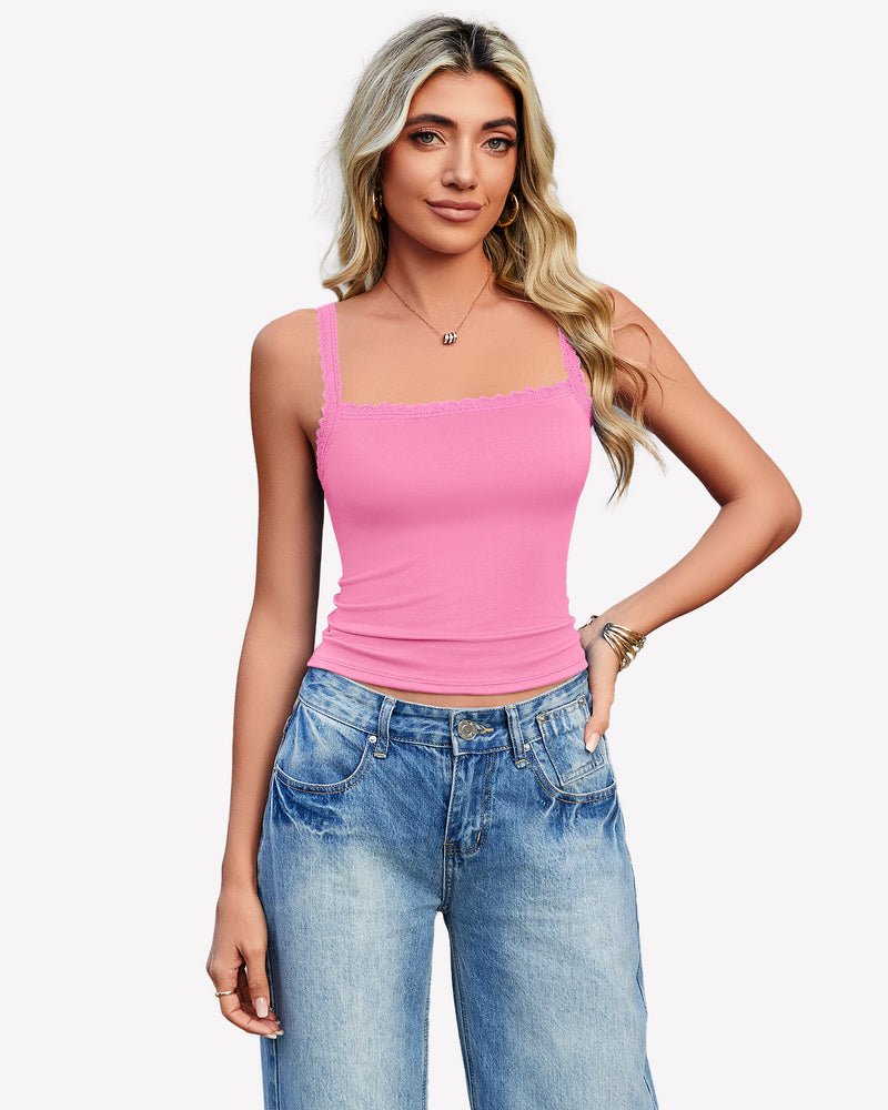 Magenta lace tank top with square neckline and scalloped trim