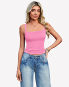 Magenta lace tank top with square neckline and scalloped trim