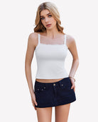 White lace tank top with square neckline and scalloped trim