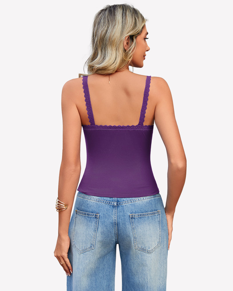 Purple lace tank top with square back and scalloped trim