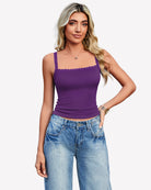 Purple lace tank top with square neckline and scalloped trim