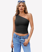 One-shoulder crop tank top in dark gray with ruched waist detail