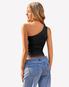 One-shoulder crop tank top in black with ruched waist detail, back view