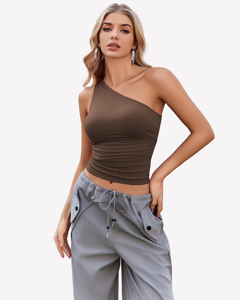 One-shoulder crop tank top in brown with ruched waist detail