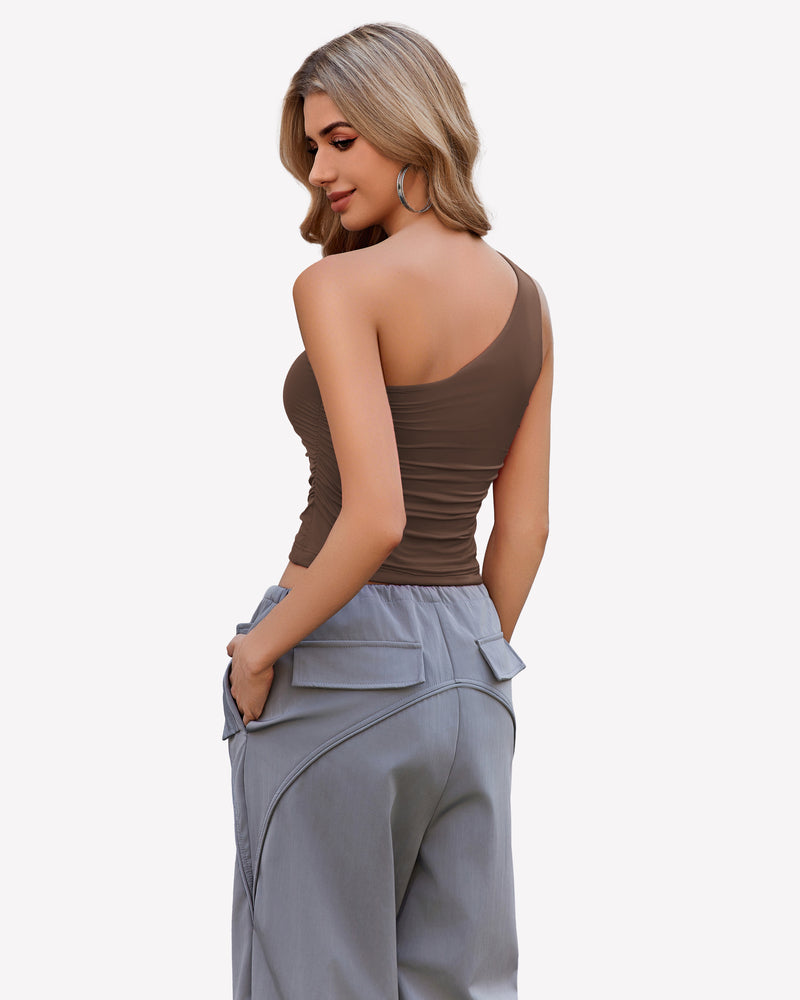 One-shoulder crop tank top in brown with ruched waist detail, back view