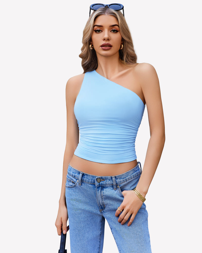 One-shoulder crop tank top in light blue with ruched waist detail
