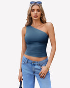 One-shoulder crop tank top in dark blue with ruched waist detail