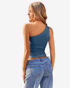One-shoulder crop tank top in dark blue with ruched waist detail, back view