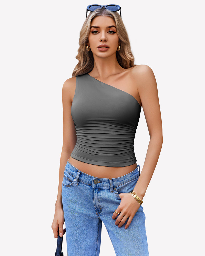 One-shoulder crop tank top in dark gray with ruched waist detail