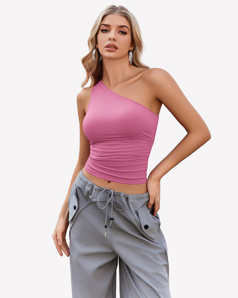Pink one-shoulder crop tank top with side drape and ruched waist