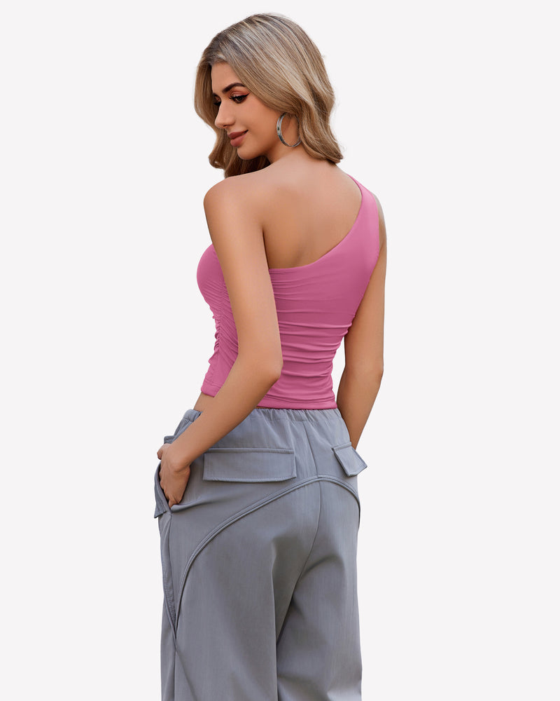 Pink one-shoulder crop tank top, scoop back, ruched waist
