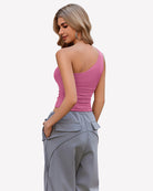 Pink one-shoulder crop tank top, scoop back, ruched waist