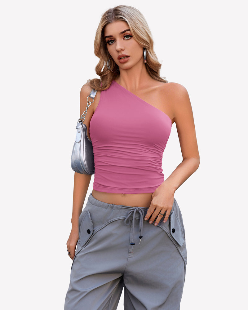 Pink one-shoulder crop tank top with ruched gathered front