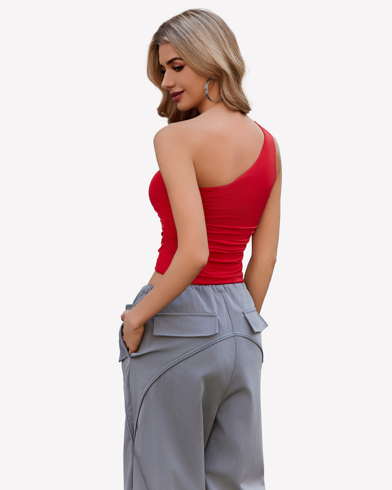 Red one-shoulder crop tank top with ruched back and gathered waist