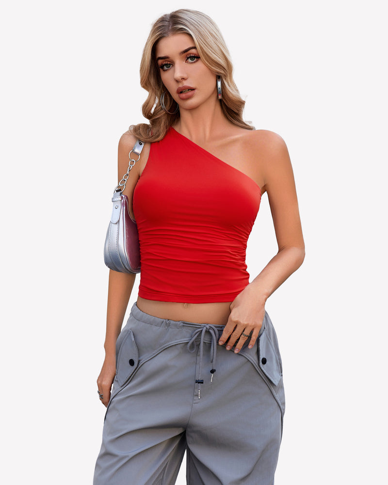 Red one-shoulder crop tank top with ruched gathered front