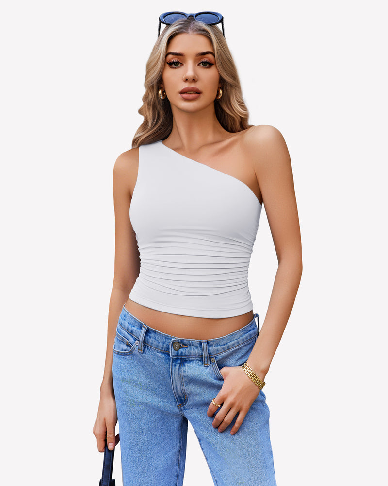 White one-shoulder crop tank top with ruched gathered midsection