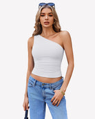 White one-shoulder crop tank top with ruched gathered midsection