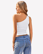 White one-shoulder crop tank top with gathered ruched waist (back view)