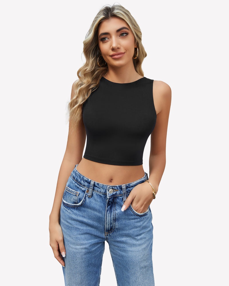 Black double-lined crop tank top with high neckline and sleeveless cut