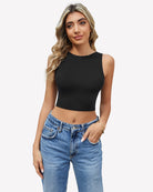 Black double-lined crop tank top with high neckline and sleeveless cut