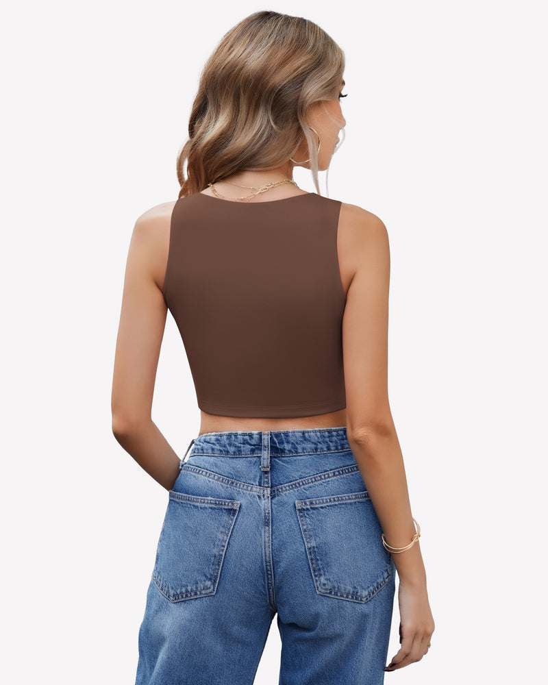 Brown double-lined crop tank top back view with high neckline, sleeveless