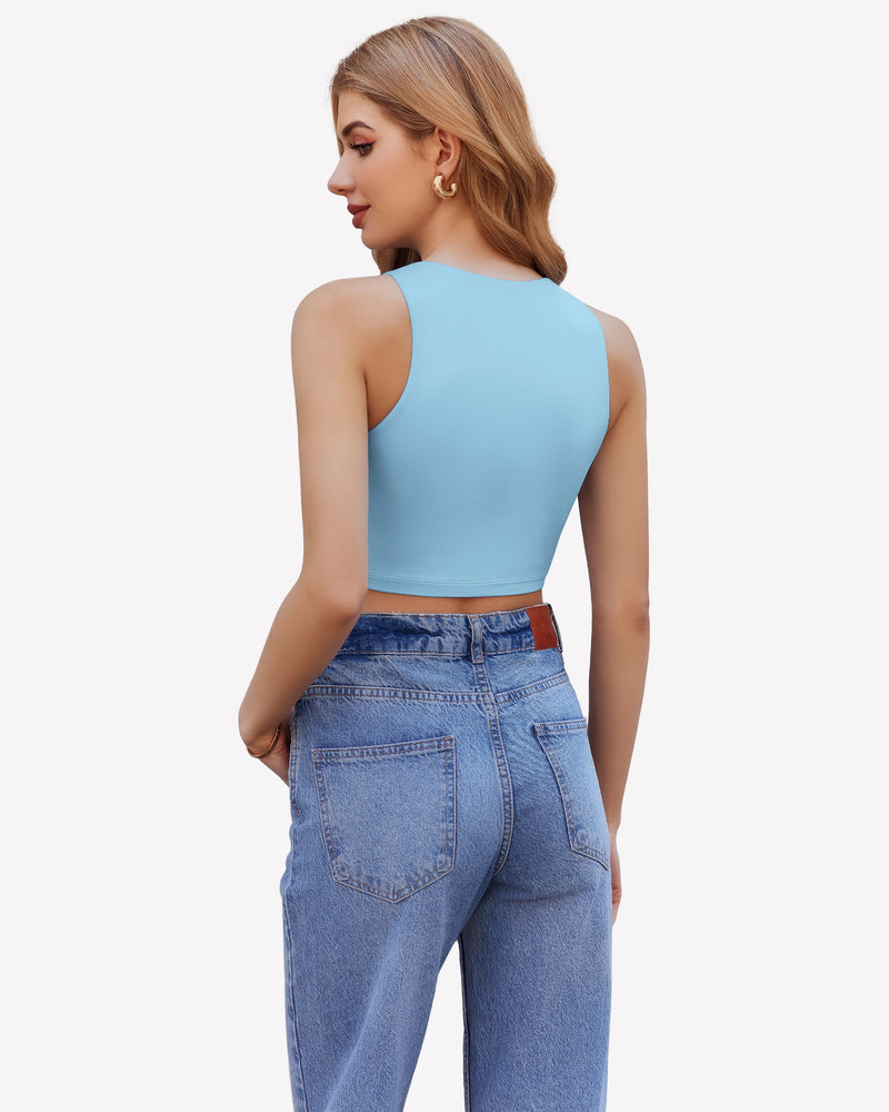 Light blue double-lined crop tank top back view with high neckline, sleeveless