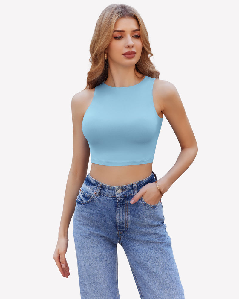 Light blue double-lined crop tank top with high neckline and sleeveless cut