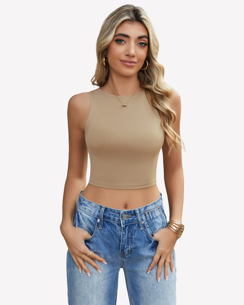 Beige double-lined crop tank top with high neckline and sleeveless cut
