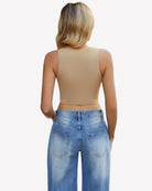 Beige double-lined crop tank top back view with high neckline, sleeveless