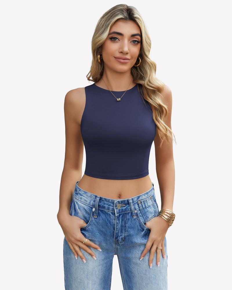 Navy blue double-lined crop tank top with high neckline and sleeveless cut