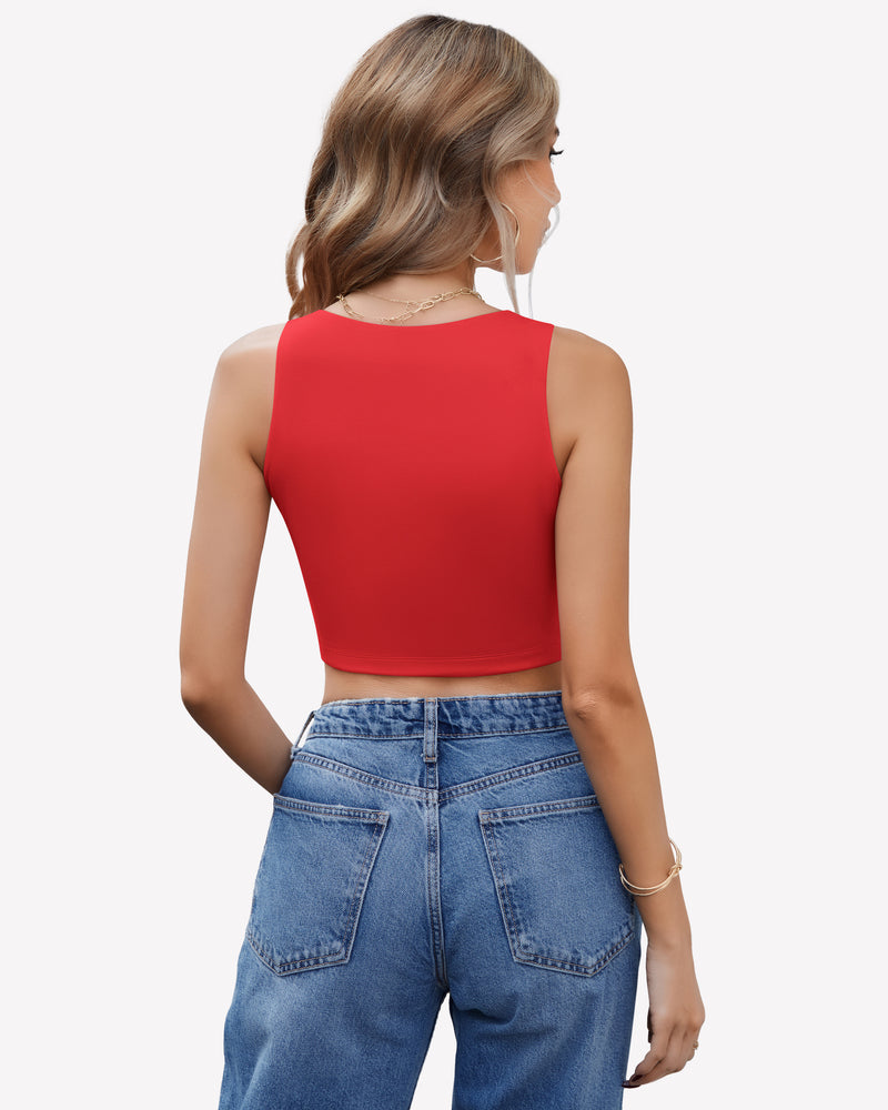 Double-lined crop tank top, red back view