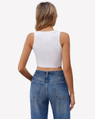 Double-lined crop tank top, white sleeveless back view