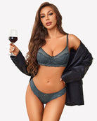 Unlined lace bra and panty set, dark teal, front view with lace trim