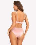 Unlined lace bra and panty set, light pink, back view of lace bra and briefs