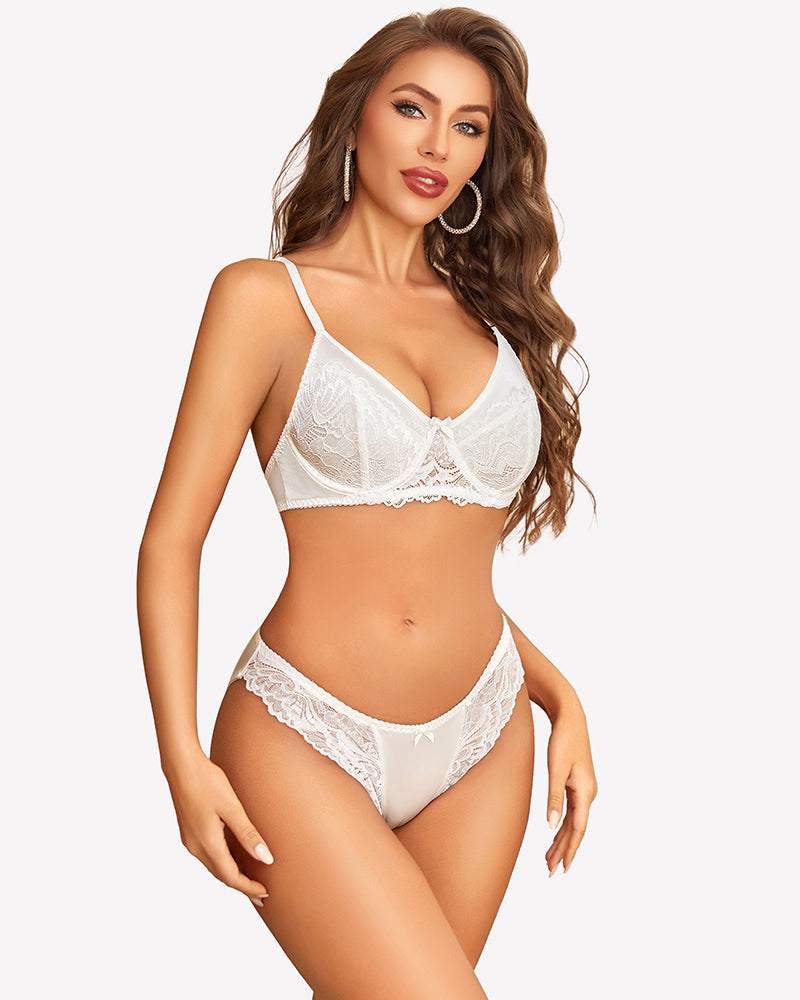 Satin lace unlined bra and panty set, white lace balconette bra with matching lace-trim panty.