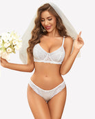 Satin lace unlined bra and panty set, white lace plunge bra with matching lace-trim briefs.