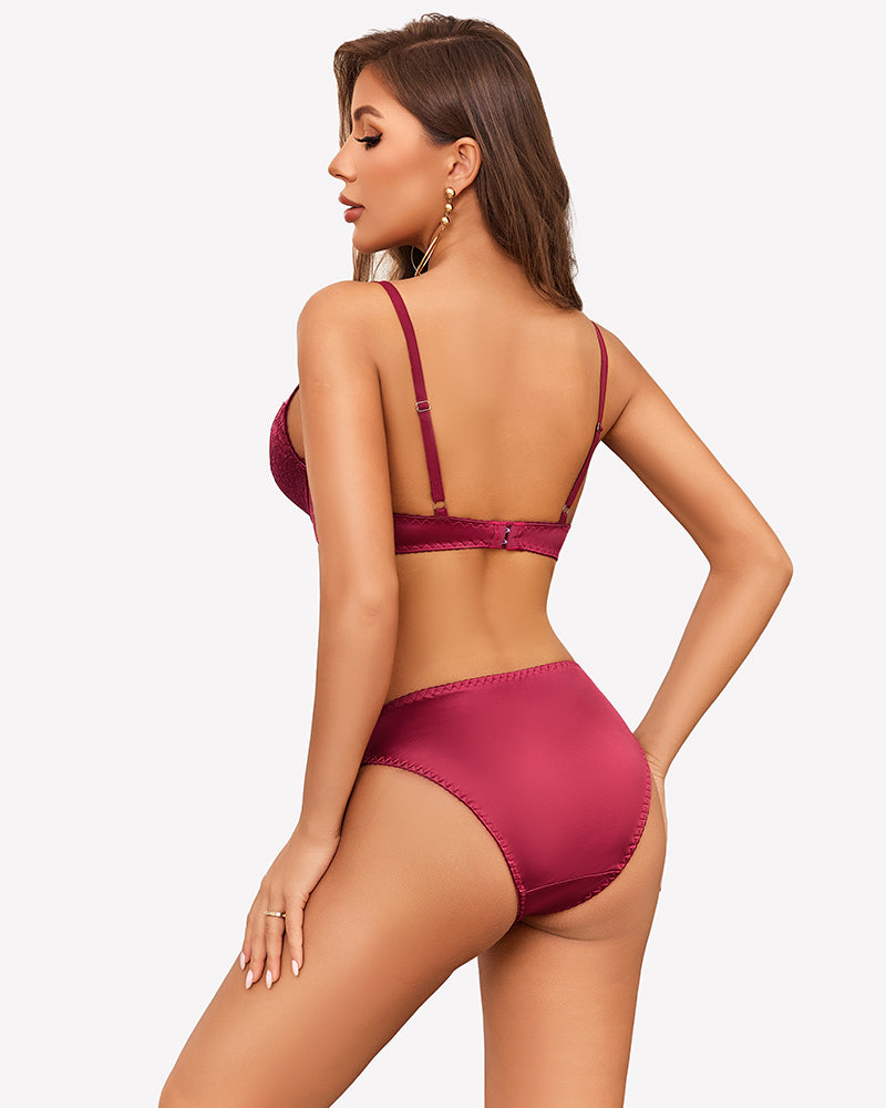 Satin lace unlined bra and panty set, wine red; back view with lace bra band and briefs.