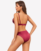 Satin lace unlined bra and panty set, wine red; back view with lace bra band and briefs.