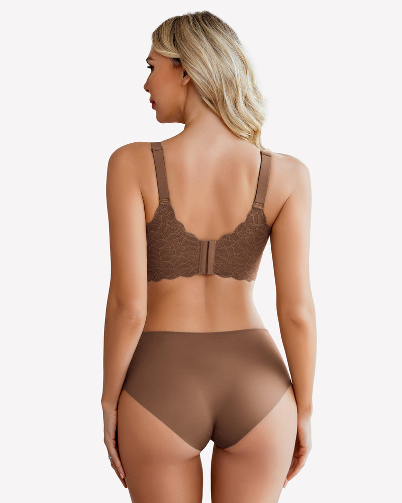 Nude wireless lace full-coverage bra shown from the back with adjustable straps