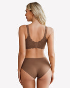 Nude wireless lace full-coverage bra shown from the back with adjustable straps