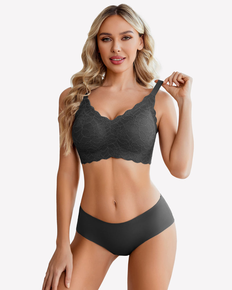 Dark gray wireless lace full-coverage bra with scalloped edges and adjustable straps