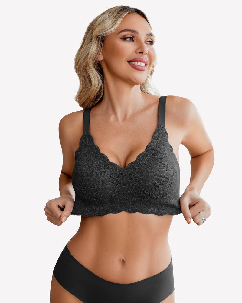Dark gray wireless lace full-coverage bra with scalloped cups and adjustable straps