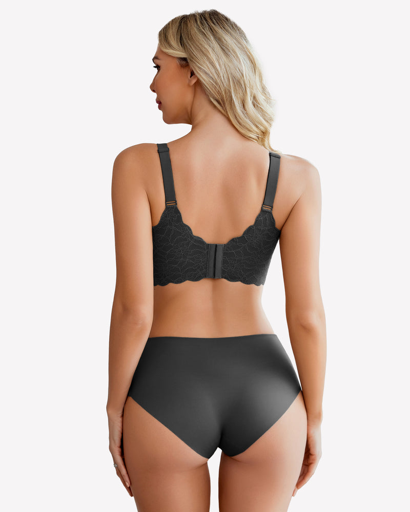 Dark gray wireless lace full-coverage bra shown from the back with adjustable straps