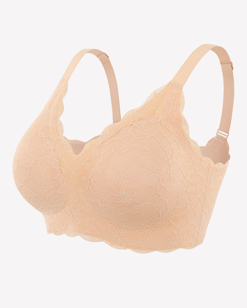 Light beige wireless lace full-coverage bra laid flat with scalloped edges