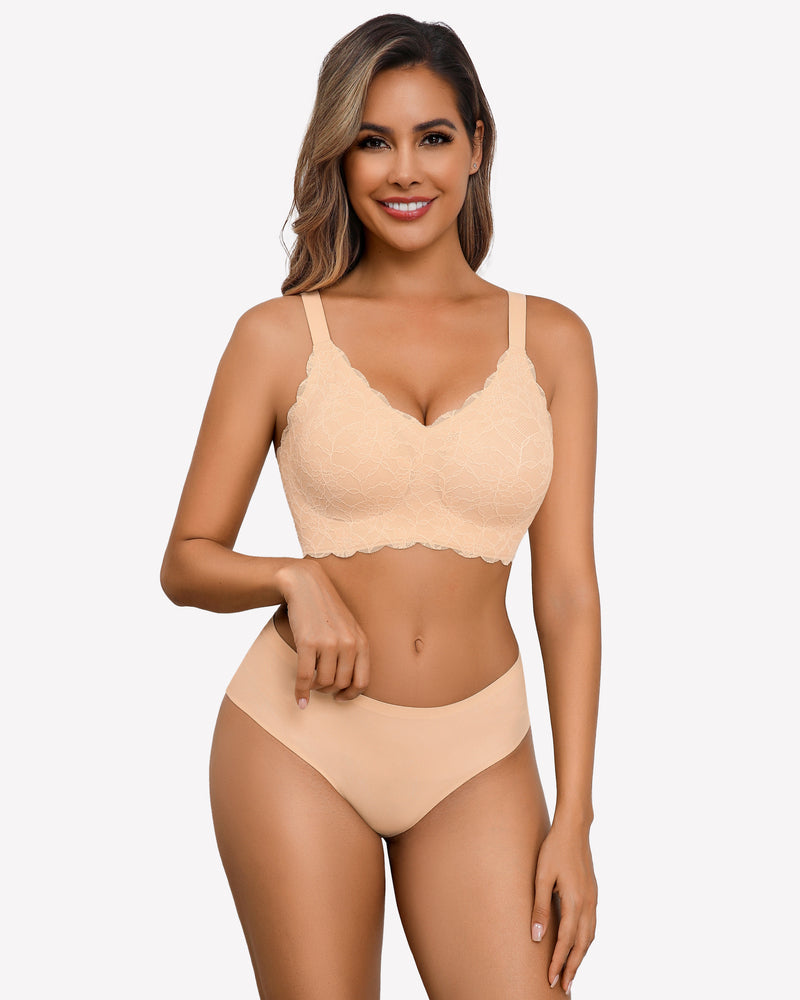 Light beige wireless lace full-coverage bra with scalloped cups and adjustable straps